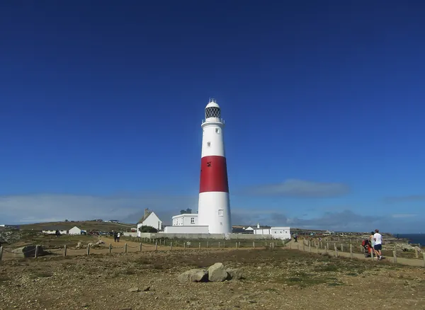 Red and white Portland Bill Lighthouse on the rocky southern tip of the Isle of Portland