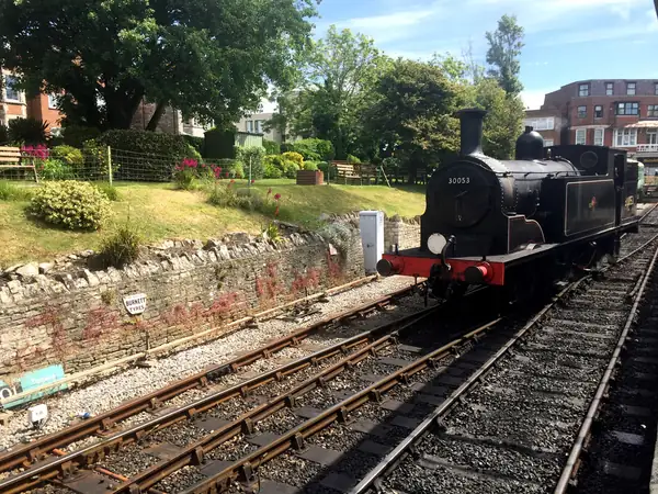 Steam locomotive at Swanage station on the Swanage Railway heritage line
