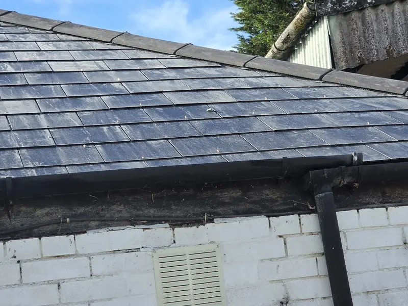 New slate roof meeting freshly fitted guttering at the eaves of a white-painted house