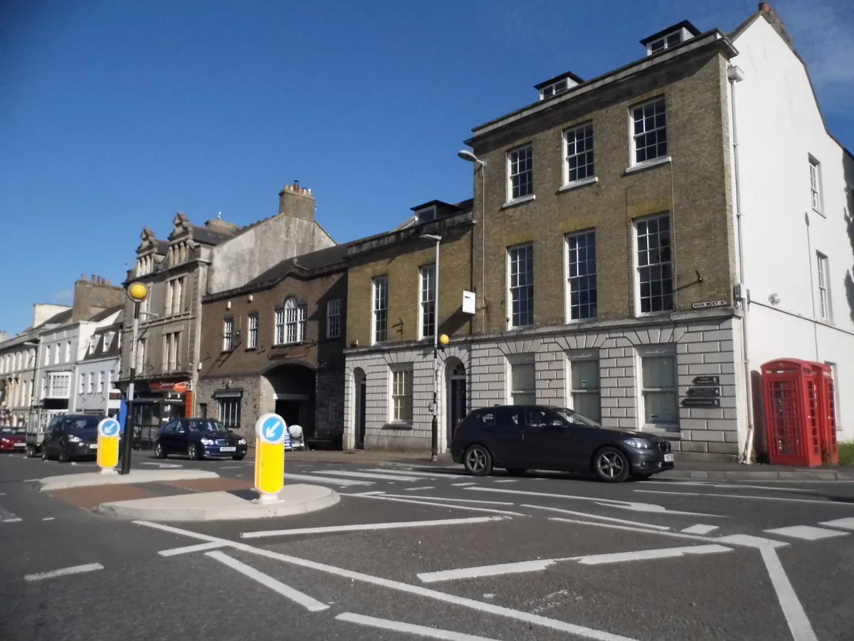 Georgian stone and brick buildings with slate roofs on High West Street, Dorchester