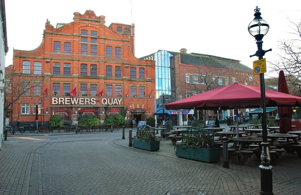 Victorian red-brick Brewers Quay building overlooking Hope Square in Weymouth old town