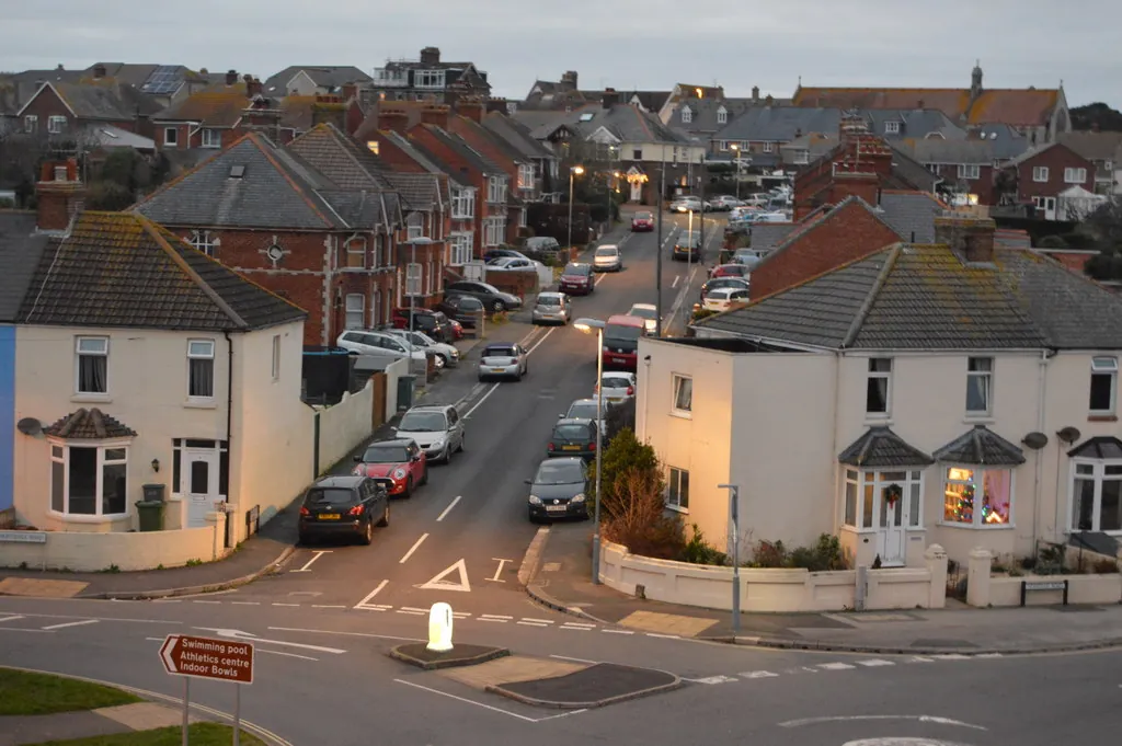 Pitched tile and slate rooftops of houses around Kellaway Terrace in Weymouth